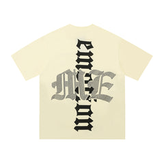 ME Alien Beach Gothic Cross Graphic T-Shirt Cream Vintage Hand-Drawn Unisex Streetwear