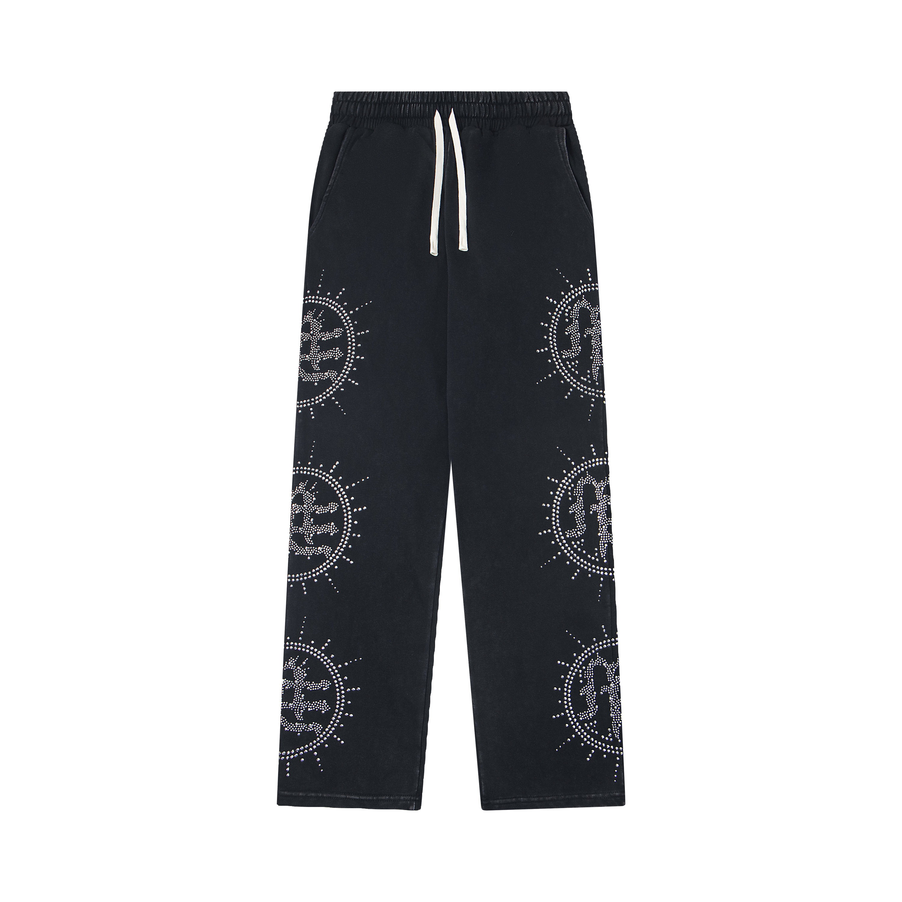 Mixed‑Emotion Sun Rhinestone Wide‑Leg Sweatpants