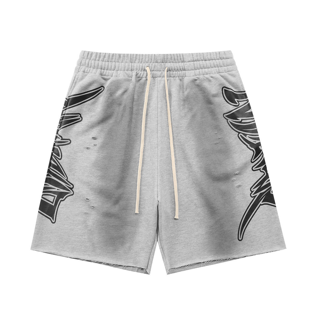 Mixed Emotion Distressed Faded Wash Gothic Graphic Raw Hem Sweat Shorts Y2K Streetwear Unisex Baggy Shorts