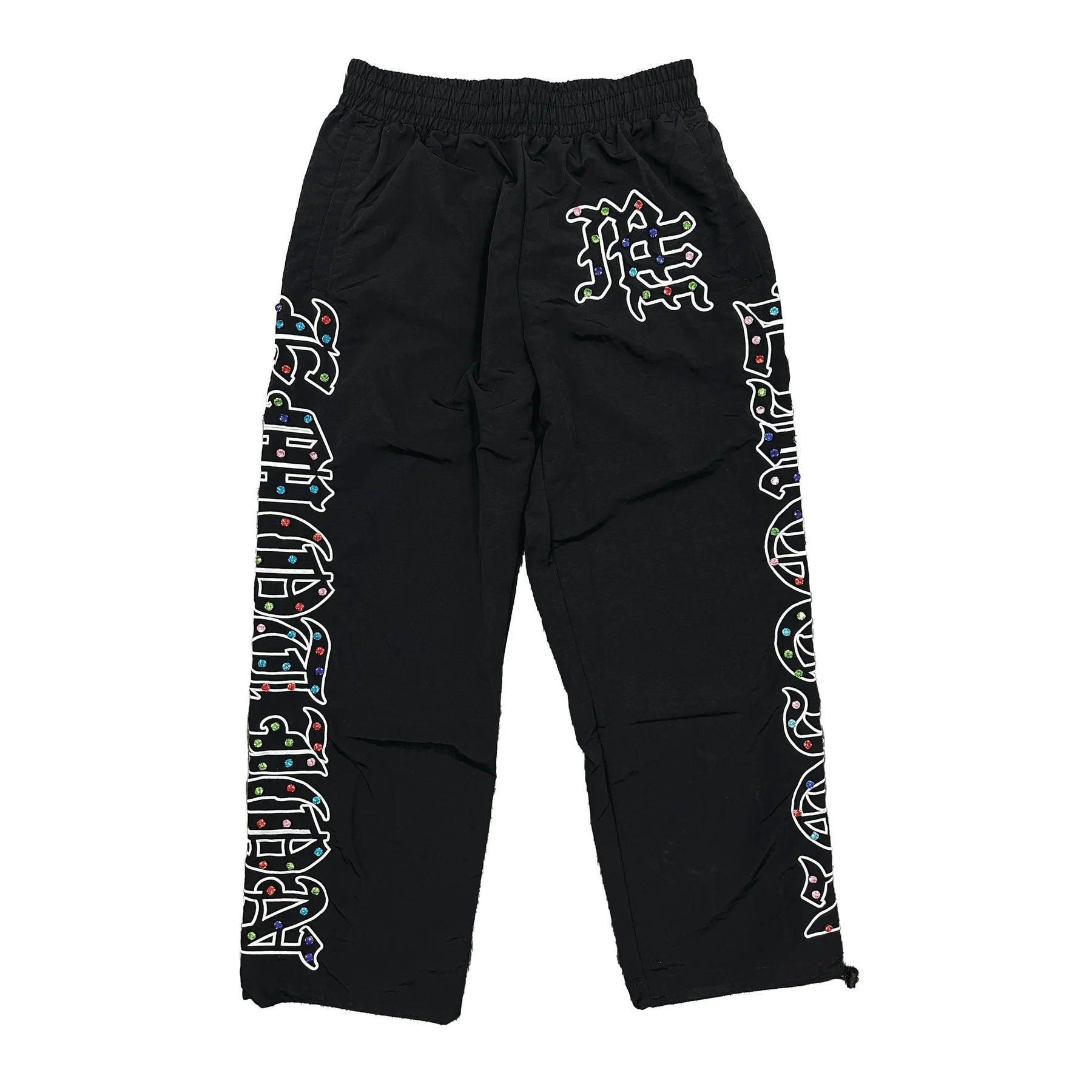 Mixed Emotion Unisex Black Nylon Track Pants Colorful Rhinestone Gothic Side Print Wide‑Leg Streetwear Pants