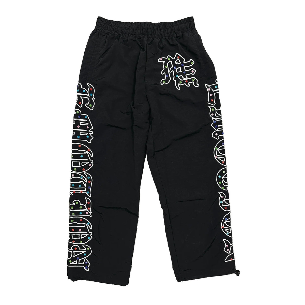 Mixed Emotion Unisex Black Nylon Track Pants Colorful Rhinestone Gothic Side Print Wide‑Leg Streetwear Pants
