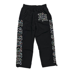 Mixed Emotion Unisex Black Nylon Track Pants Colorful Rhinestone Gothic Side Print Wide‑Leg Streetwear Pants
