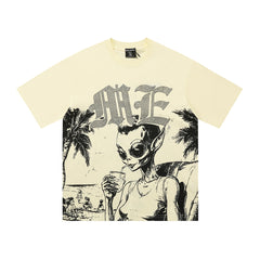 ME Alien Beach Gothic Cross Graphic T-Shirt Cream Vintage Hand-Drawn Unisex Streetwear