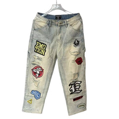 Mixed Emotion Multi‑Patch Distressed Carpenter Denim Jeans Y2K Streetwear Baggy Wide‑Leg Pants