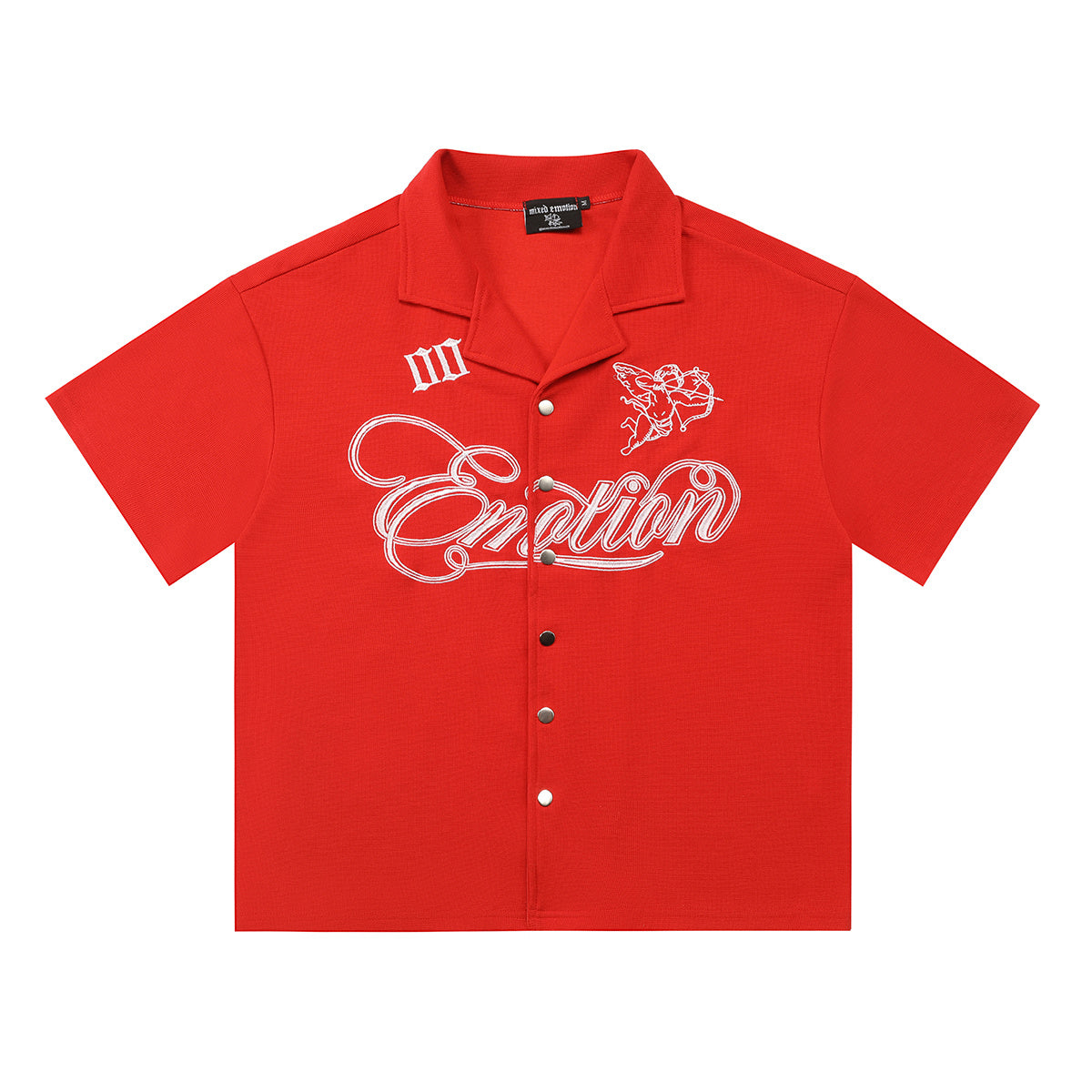 Mixed Emotion Cherub Angel Script Graphic Camp Collar Shirt Black Red Apricot Unisex Y2K Streetwear