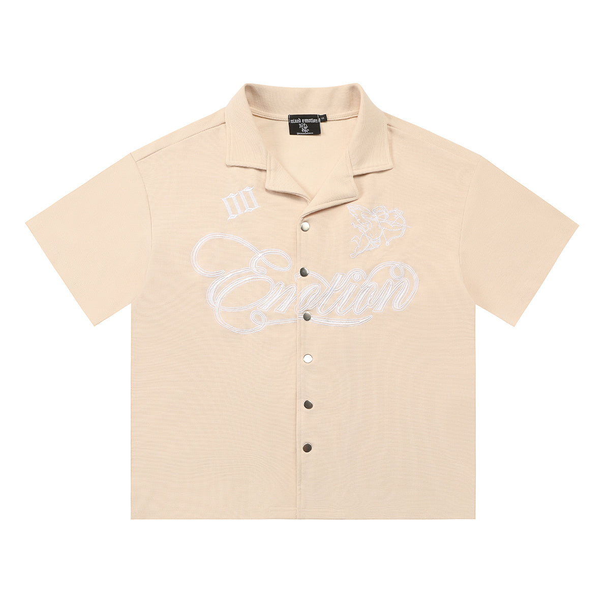 Mixed Emotion Cherub Angel Script Graphic Camp Collar Shirt Black Red Apricot Unisex Y2K Streetwear