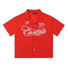 Mixed Emotion Cherub Angel Script Graphic Camp Collar Shirt Black Red Apricot Unisex Y2K Streetwear