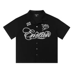 Mixed Emotion Cherub Angel Script Graphic Camp Collar Shirt Black Red Apricot Unisex Y2K Streetwear