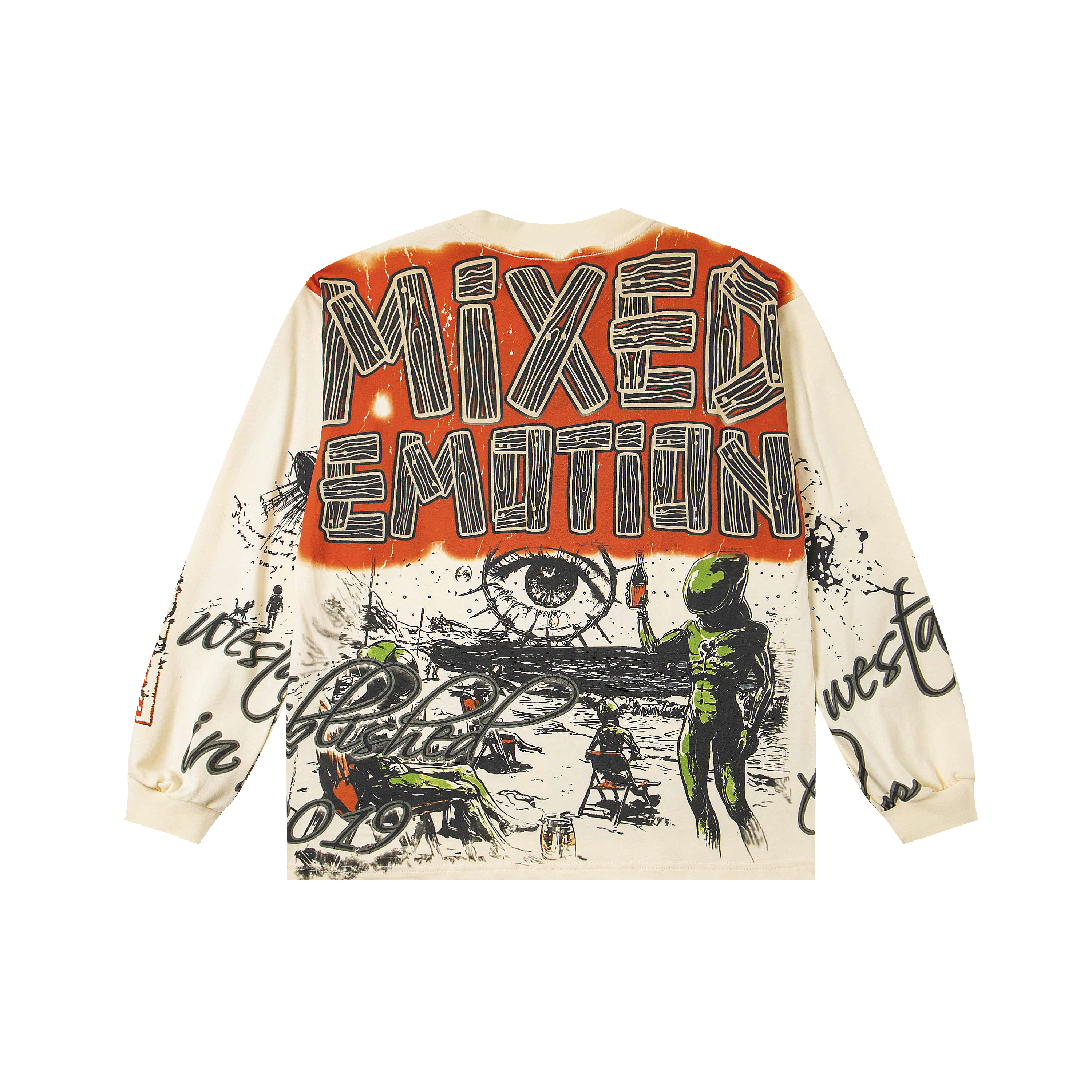 Mixed Emotion Double‑Sided Alien Beach Party Print Long‑Sleeve Top