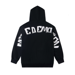 Mixed Emotion Cartoon Distressed Graphic Black Pullover Hoodie