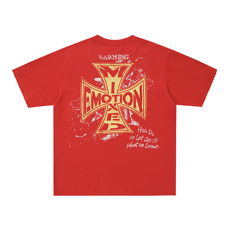 Mixed Emotion Red Double‑Sided Graffiti Cross Oversized Tee