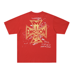 Mixed Emotion Red Double‑Sided Graffiti Cross Oversized Tee