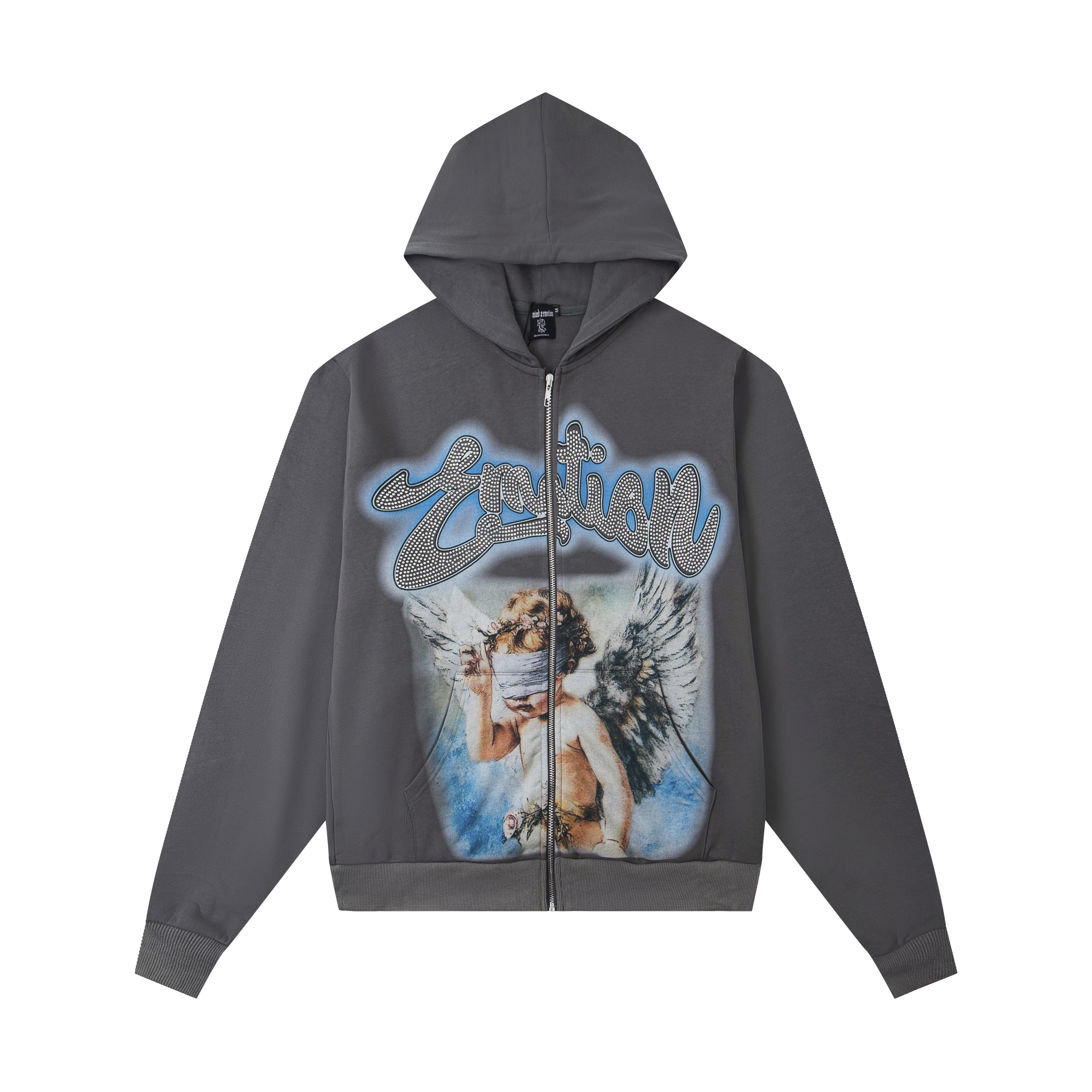Mixed Emotion Blindfolded Angel Rhinestone Grey Zip‑Up Hoodie