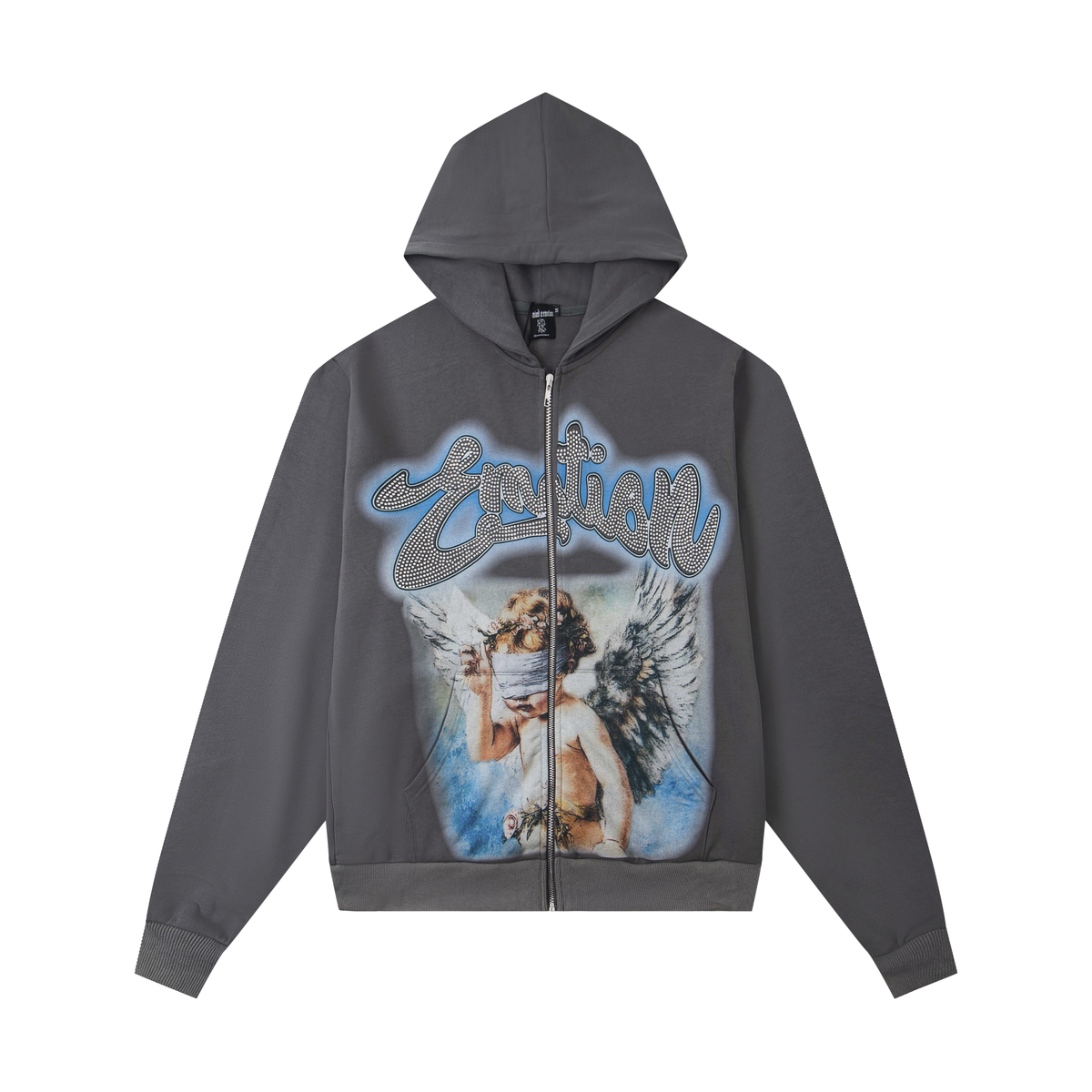 Mixed Emotion Blindfolded Angel Rhinestone Grey Zip‑Up Hoodie