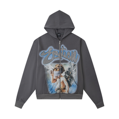 Mixed Emotion Blindfolded Angel Rhinestone Grey Zip‑Up Hoodie