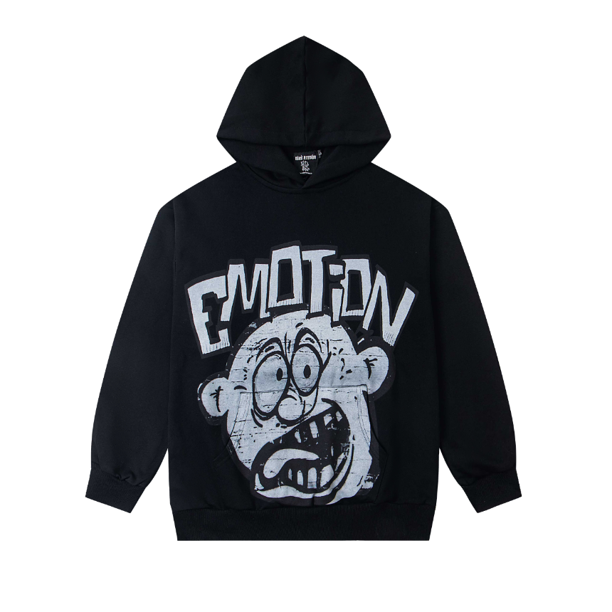 Mixed Emotion Cartoon Distressed Graphic Black Pullover Hoodie