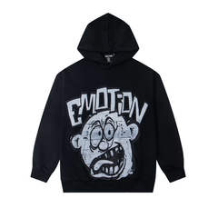 Mixed Emotion Cartoon Distressed Graphic Black Pullover Hoodie
