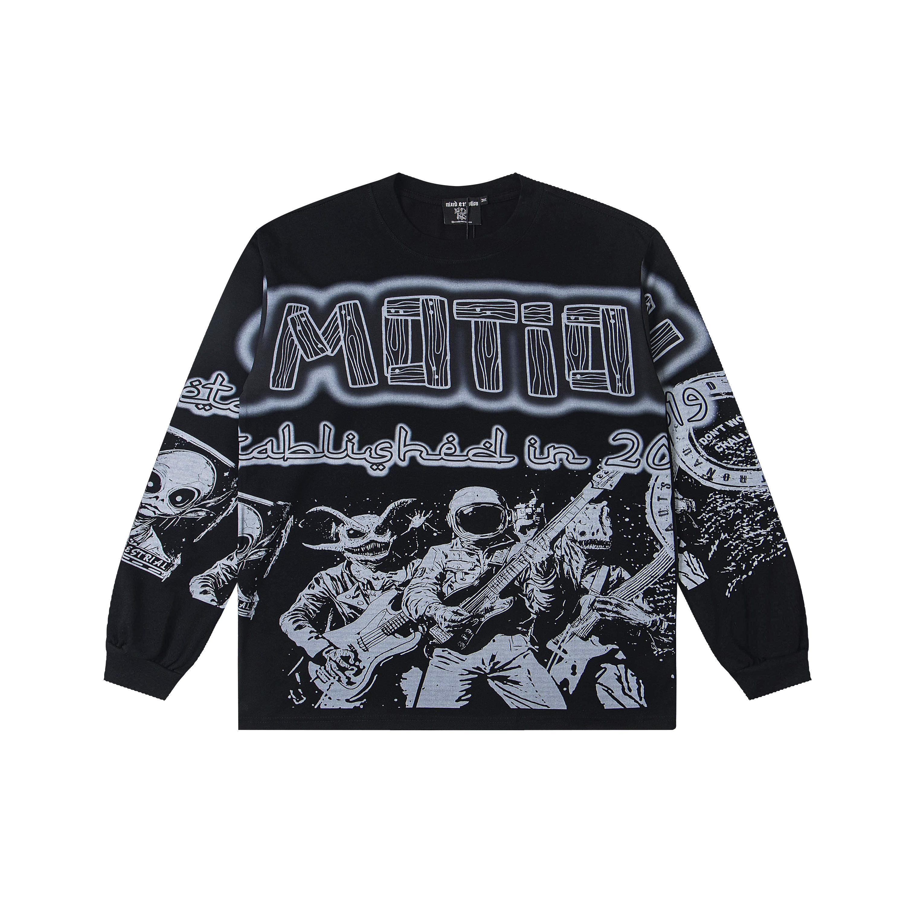 Mixed Emotion Dual‑Sided Alien Rock Band Print Long‑Sleeve Top