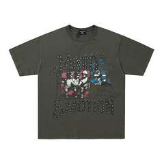 Double‑Sided Distressed Cherub Cross Rhinestone Oversized Tee