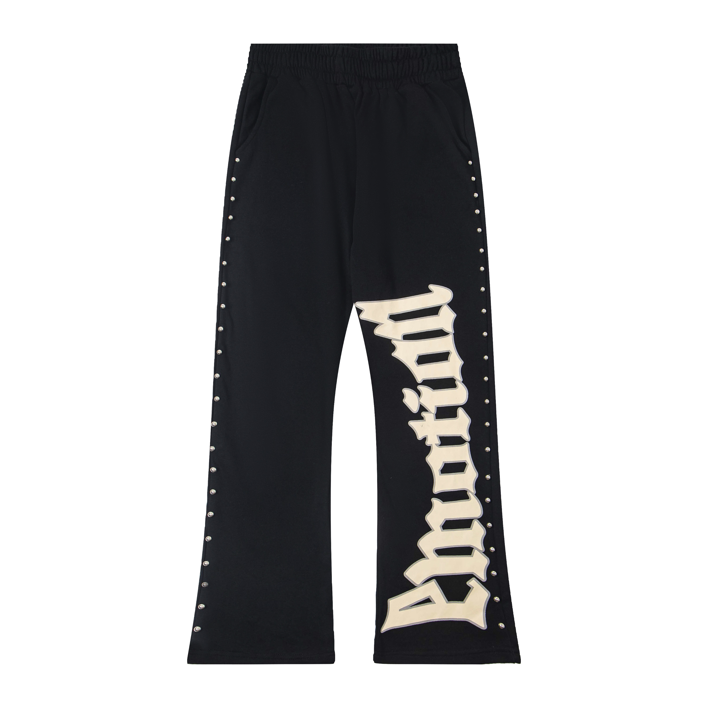 Mixed‑Emotion Rivet‑Trim Gothic Logo Flare Sweatpants