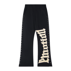Mixed‑Emotion Rivet‑Trim Gothic Logo Flare Sweatpants