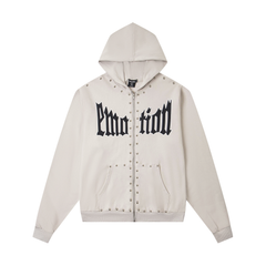 Mixed Emotion Gothic Stud‑Decorated Zip‑Up Hoodie Black & Off‑White