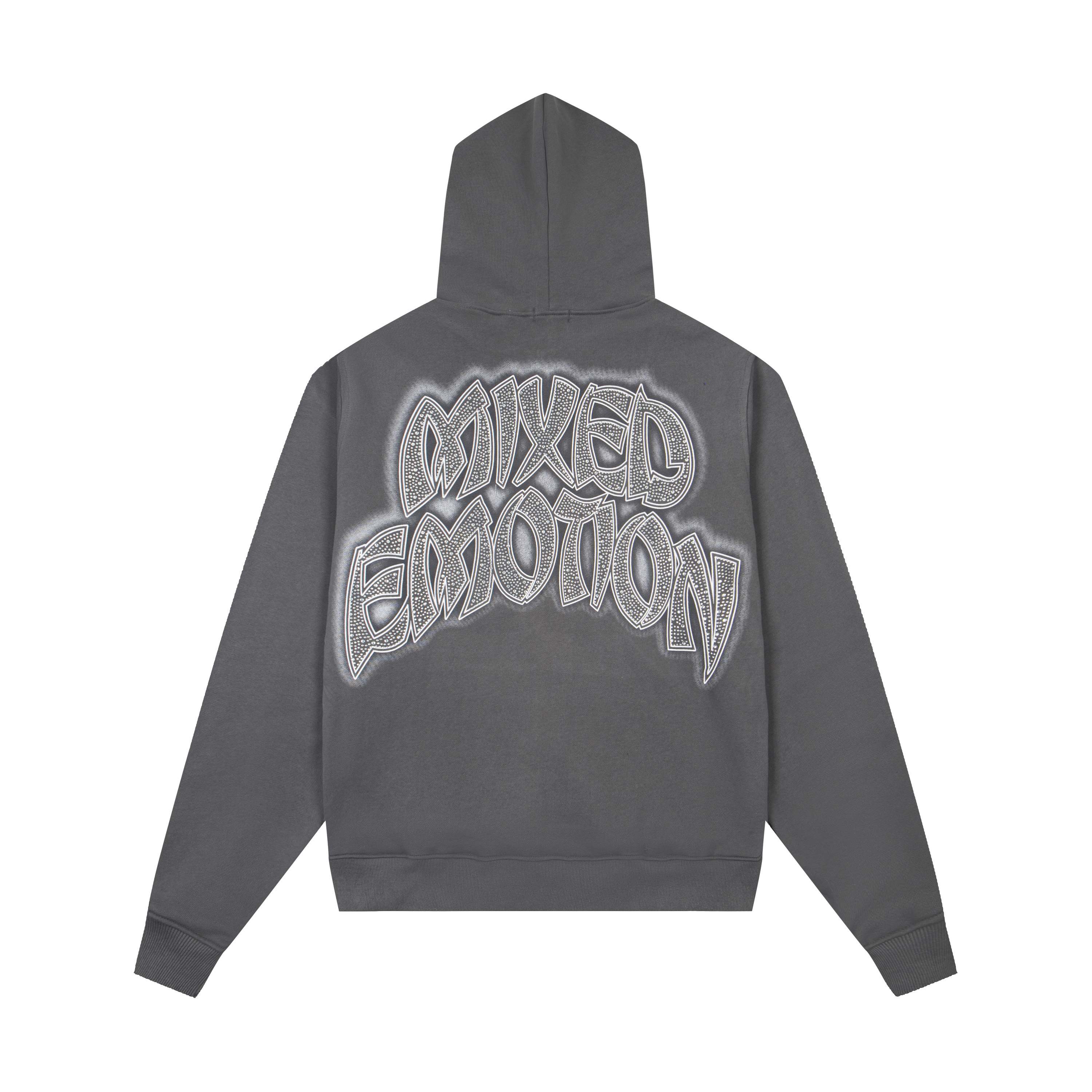 Mixed Emotion Skater Graphic Rhinestone Grey Zip‑Up Hoodie