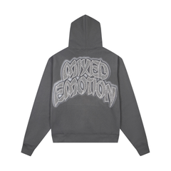 Mixed Emotion Skater Graphic Rhinestone Grey Zip‑Up Hoodie