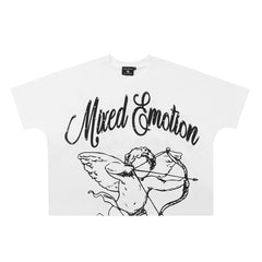 Mixed Emotion Cherub Cupid Script Graphic T-Shirt White Vintage Romantic Streetwear