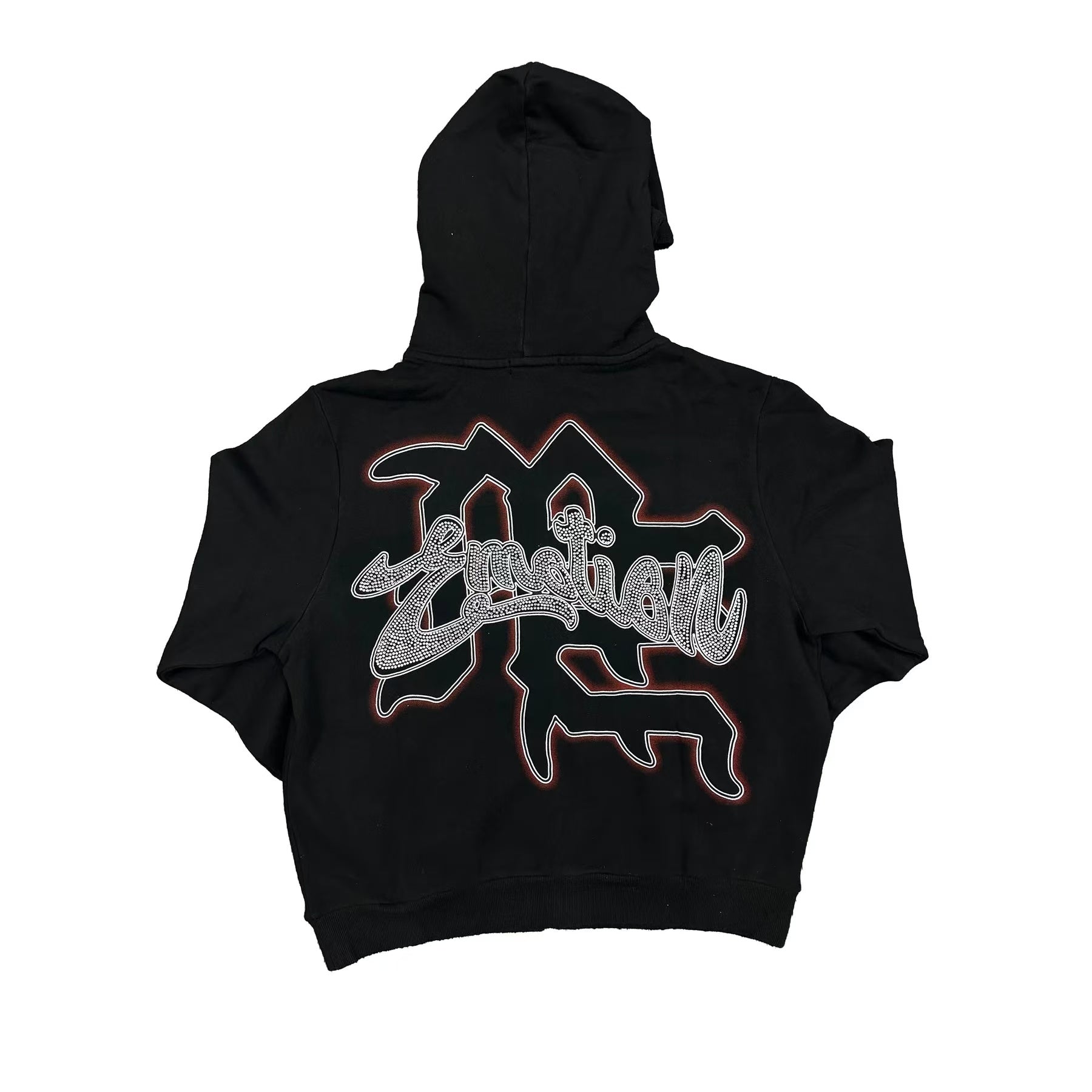 Mixed Emotion Black Cropped Zip Hoodie Cupid Angel Art, Graffiti “Emotion” Rhinestone‑Style Print Y2K Gothic Street Top