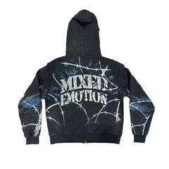 Mixed Emotion Vintage Distressed Gas‑Mask Barbed‑Wire Print Cropped Zip Hoodie Gothic Punk Street Jacket