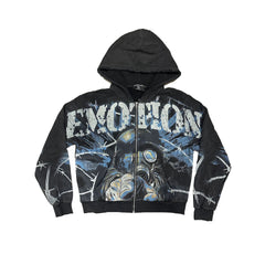 Mixed Emotion Vintage Distressed Gas‑Mask Barbed‑Wire Print Cropped Zip Hoodie Gothic Punk Street Jacket