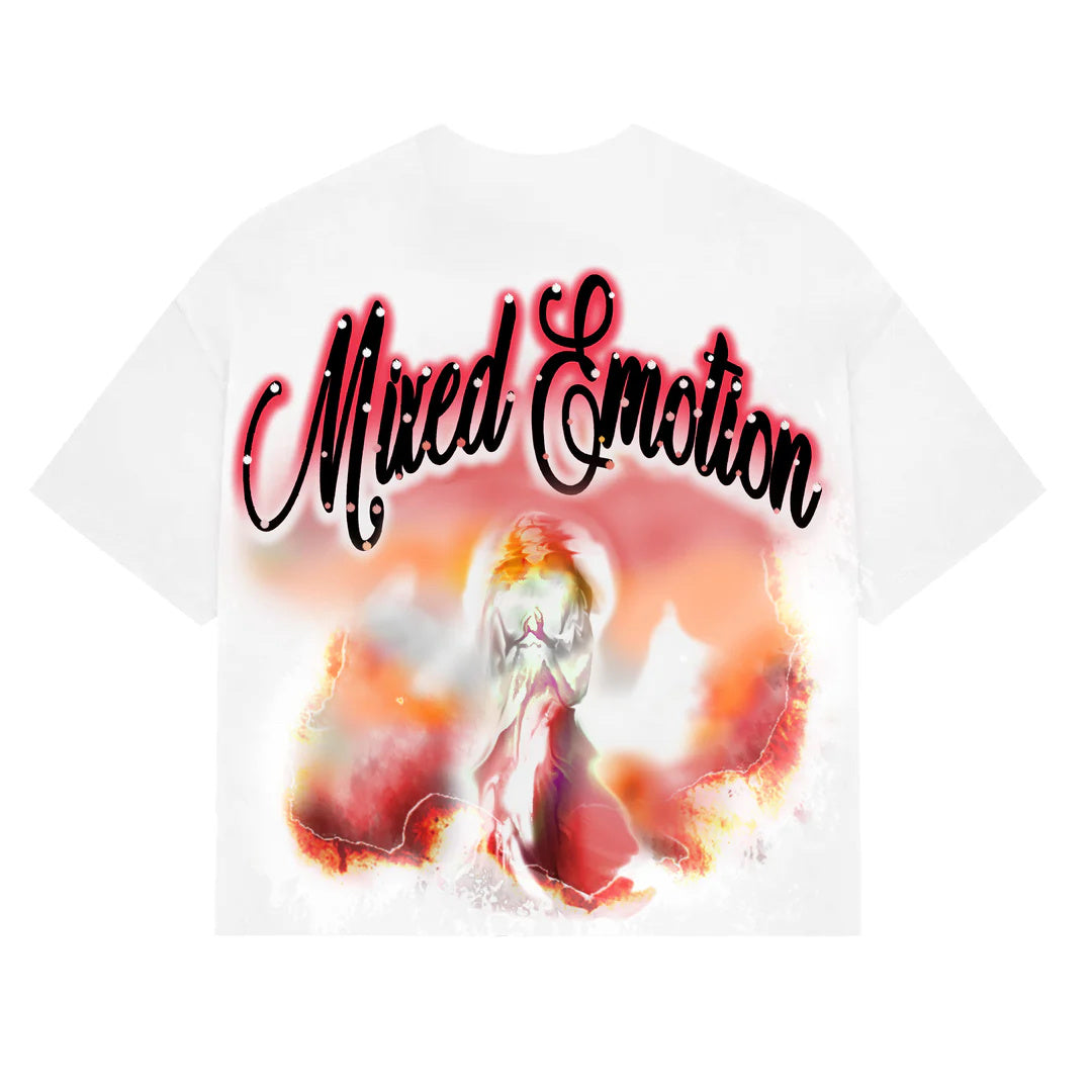 Mixed Emotion Rhinestone Script Angel Graphic T-Shirt White Y2K Gothic Streetwear