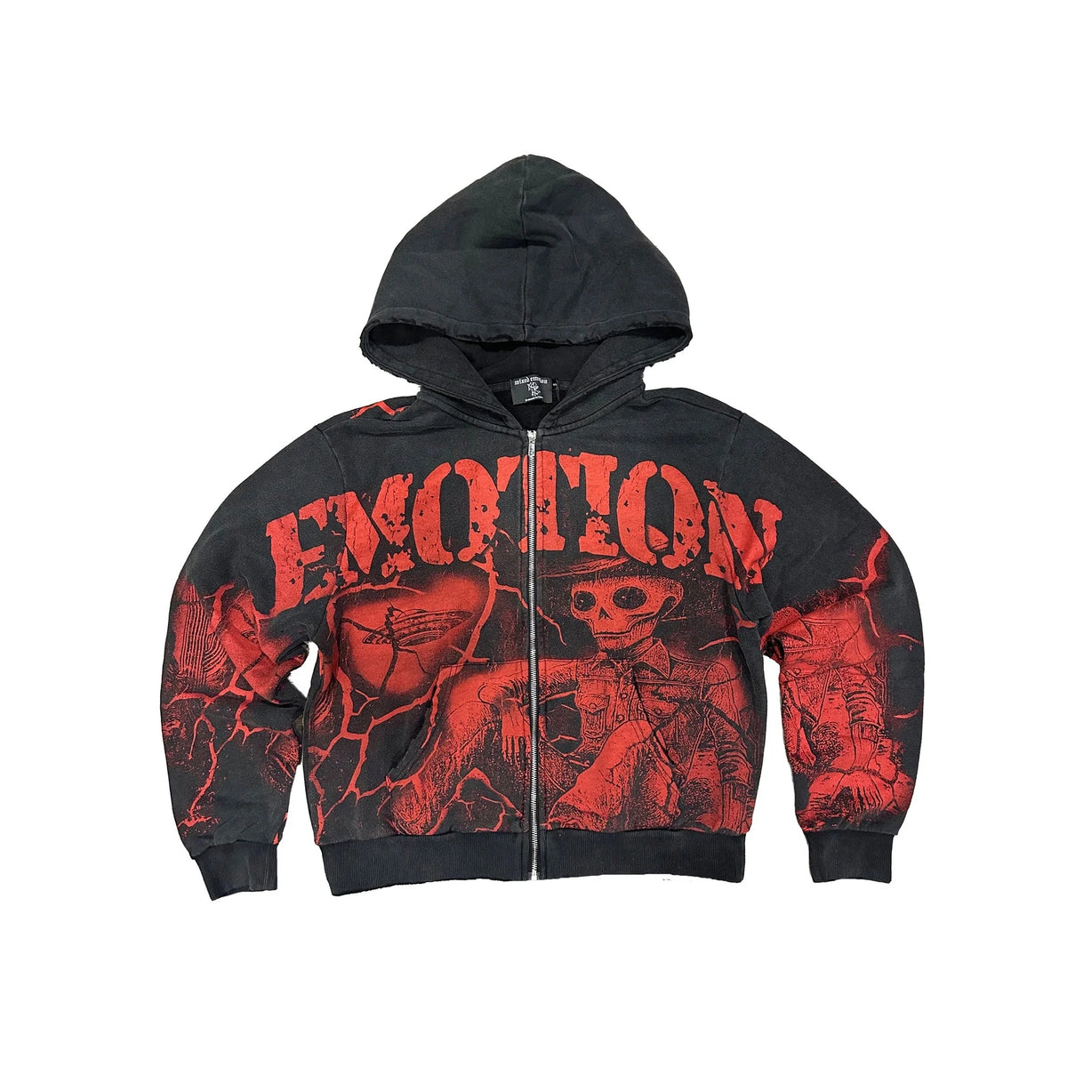 Mixed Emotion Vintage Distressed Red Skull Skeleton Print Cropped Full Zip Hoodie Gothic Punk Street Jacket