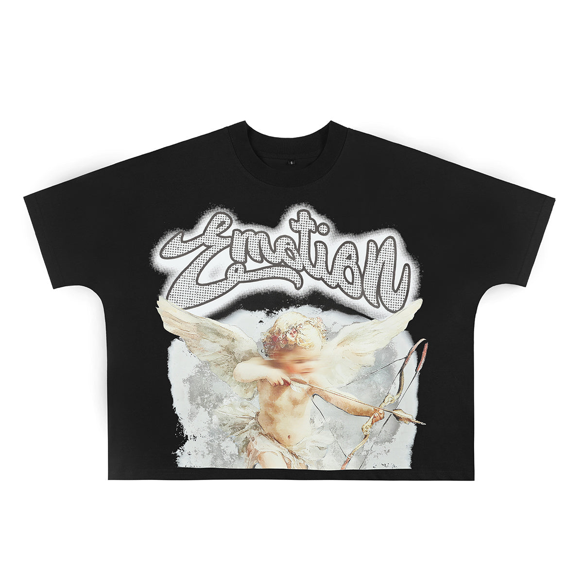 Mixed Emotion Cherub Cupid Cropped T-Shirt Black Gothic Script Y2K Streetwear