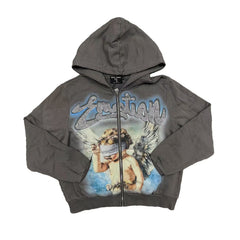 Mixed Emotion Vintage Washed Cropped Full Zip Hoodie Blind Cupid Angel Graphic ME Logo Gothic Y2K Street Jacket