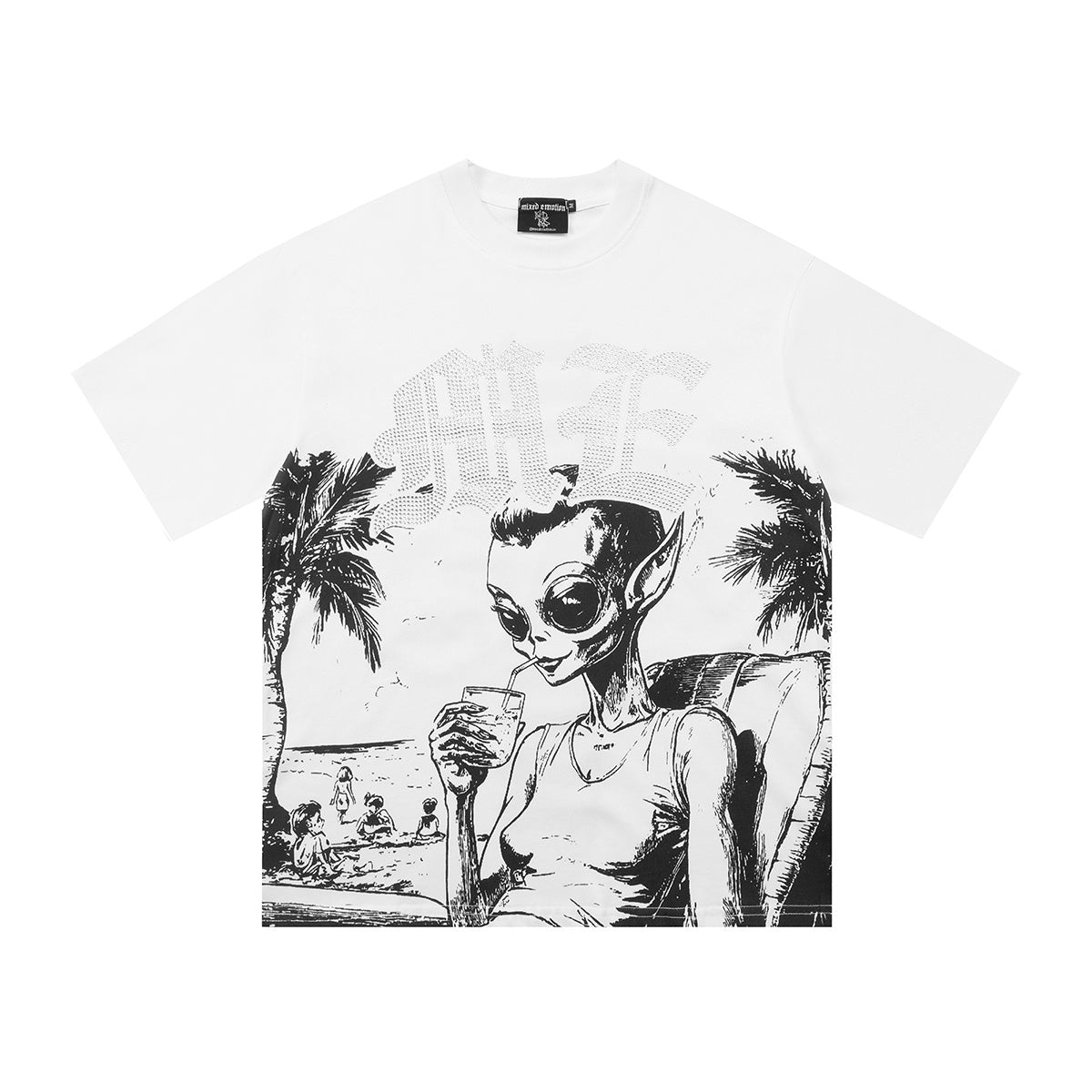Mixed Emotion Alien Beach Rhinestone ME Cross T-Shirt White Gothic Y2K Streetwear