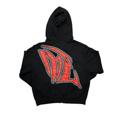 Mixed Emotion Black Cropped Full Zip Hoodie Hardcore Metal Font Rhinestone‑Effect Angel Art Gothic Y2K Street Jacket