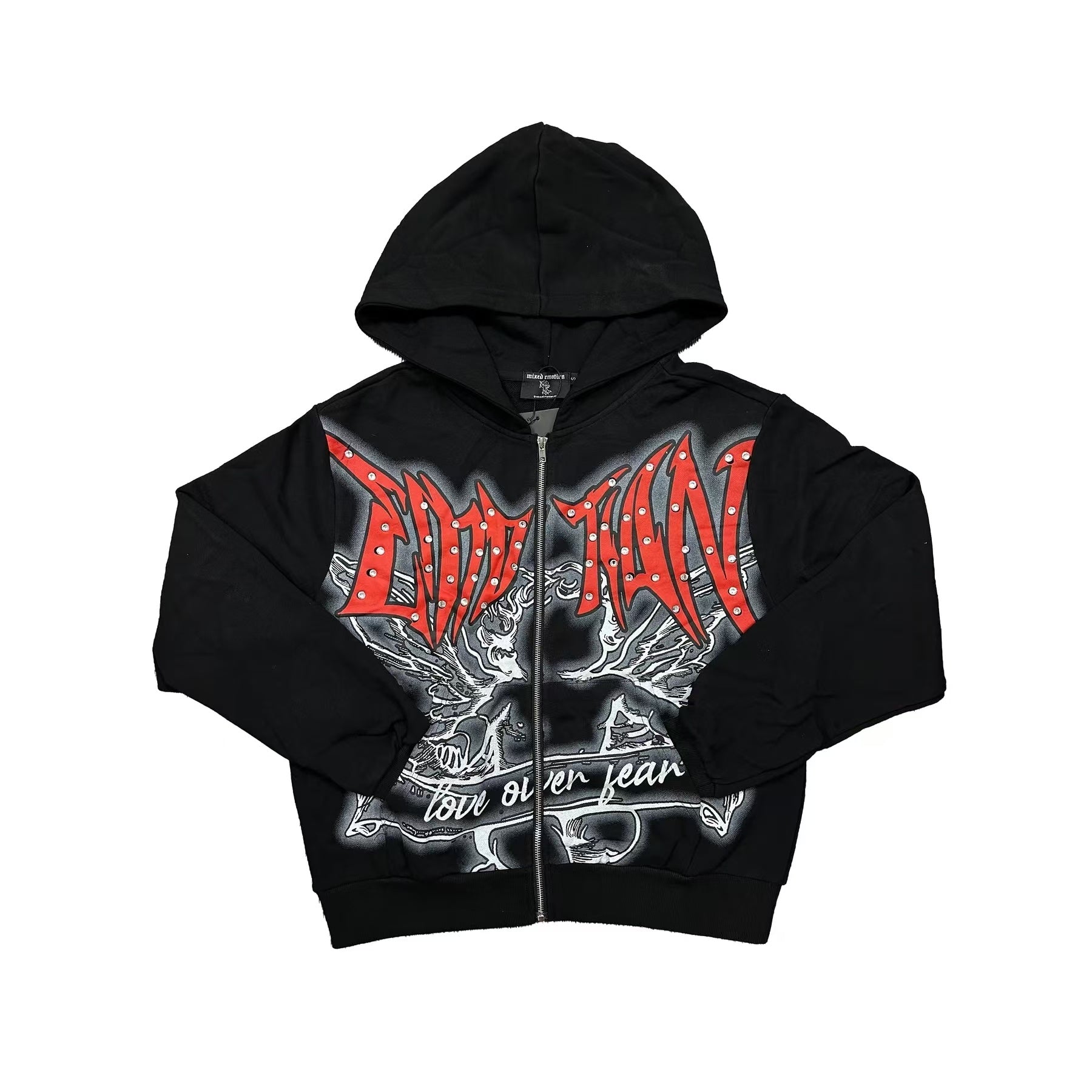 Mixed Emotion Black Cropped Full Zip Hoodie Hardcore Metal Font Rhinestone‑Effect Angel Art Gothic Y2K Street Jacket