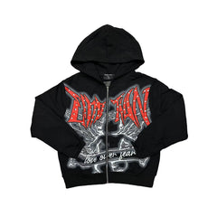 Mixed Emotion Black Cropped Full Zip Hoodie Hardcore Metal Font Rhinestone‑Effect Angel Art Gothic Y2K Street Jacket