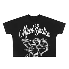 Mixed Emotion Rhinestone Script Cherub Cropped T-Shirt Black Y2K Romantic Streetwear