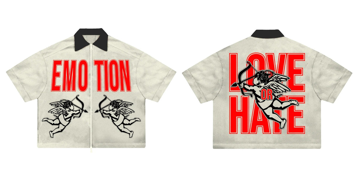 Mixed Emotion Love Or Hate Cherub Zip-Up Shirt Off-White Black Red Vintage Streetwear