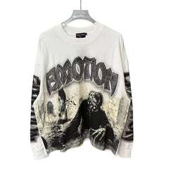 Mixed Emotion Vintage White Cropped Long‑Sleeve T‑Shirt Cemetery Zombie Graphic Unisex Punk Metal Street Top