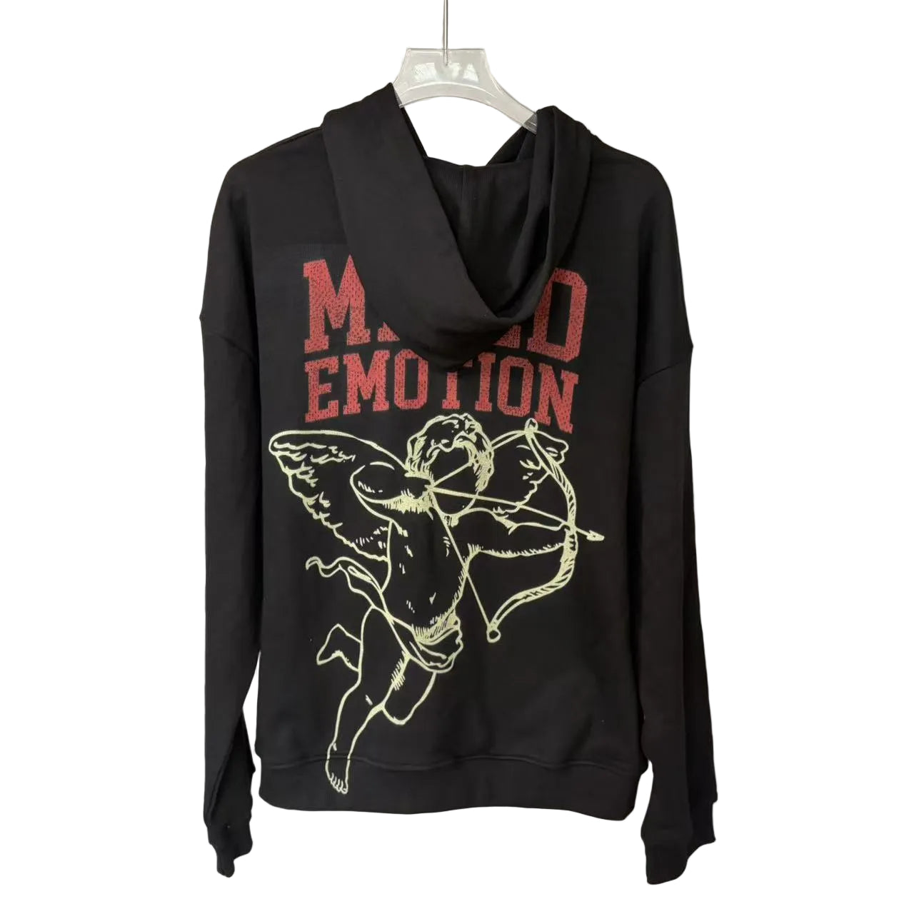 Mixed Emotion Vintage Black Full Zip Hoodie Line‑Art Cupid Angel Print Unisex Y2K Street Jacket