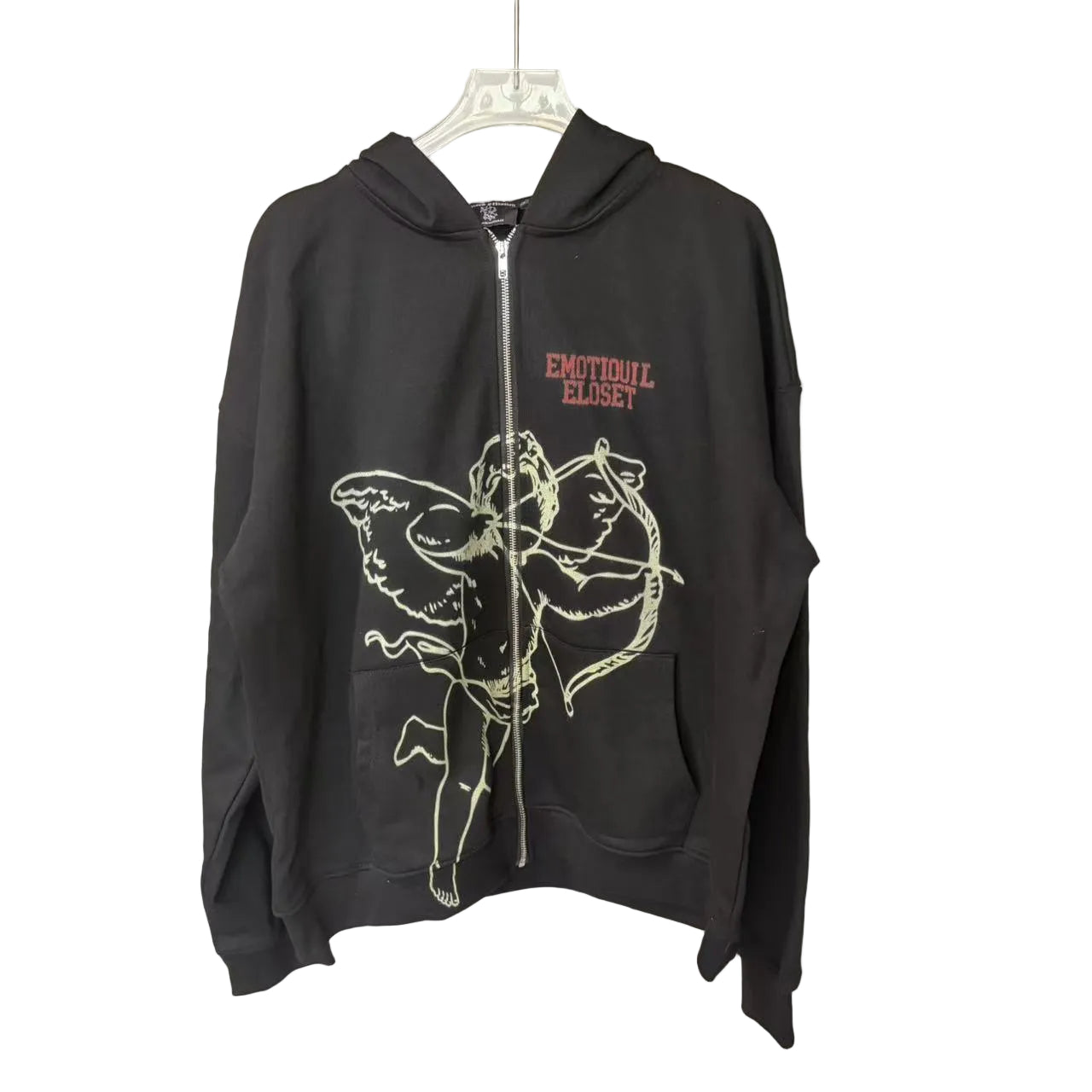 Mixed Emotion Vintage Black Full Zip Hoodie Line‑Art Cupid Angel Print Unisex Y2K Street Jacket