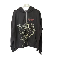 Mixed Emotion Vintage Black Full Zip Hoodie Line‑Art Cupid Angel Print Unisex Y2K Street Jacket