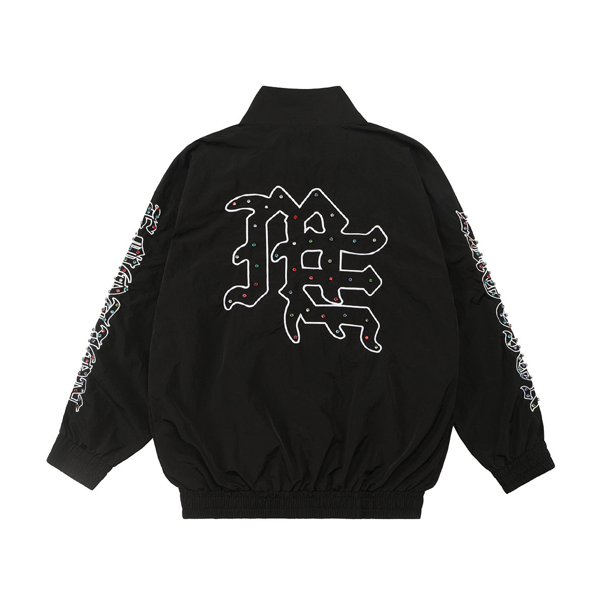 Mixed Emotion Oversized Black Stand‑Collar Windbreaker Rhinestone‑Detail Gothic ME Logo Unisex Street Jacket