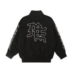 Mixed Emotion Oversized Black Stand‑Collar Windbreaker Rhinestone‑Detail Gothic ME Logo Unisex Street Jacket