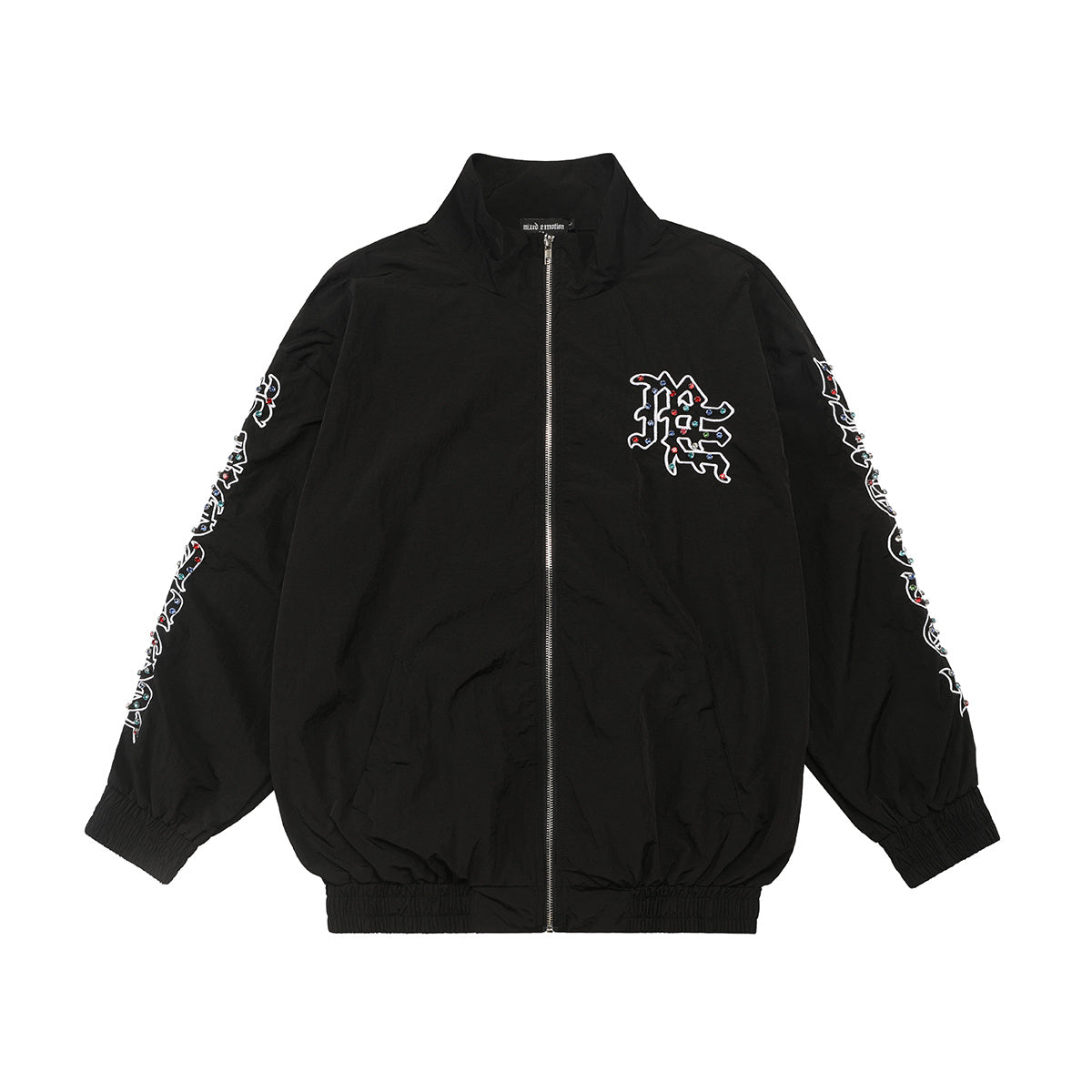 Mixed Emotion Oversized Black Stand‑Collar Windbreaker Rhinestone‑Detail Gothic ME Logo Unisex Street Jacket