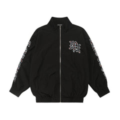 Mixed Emotion Oversized Black Stand‑Collar Windbreaker Rhinestone‑Detail Gothic ME Logo Unisex Street Jacket